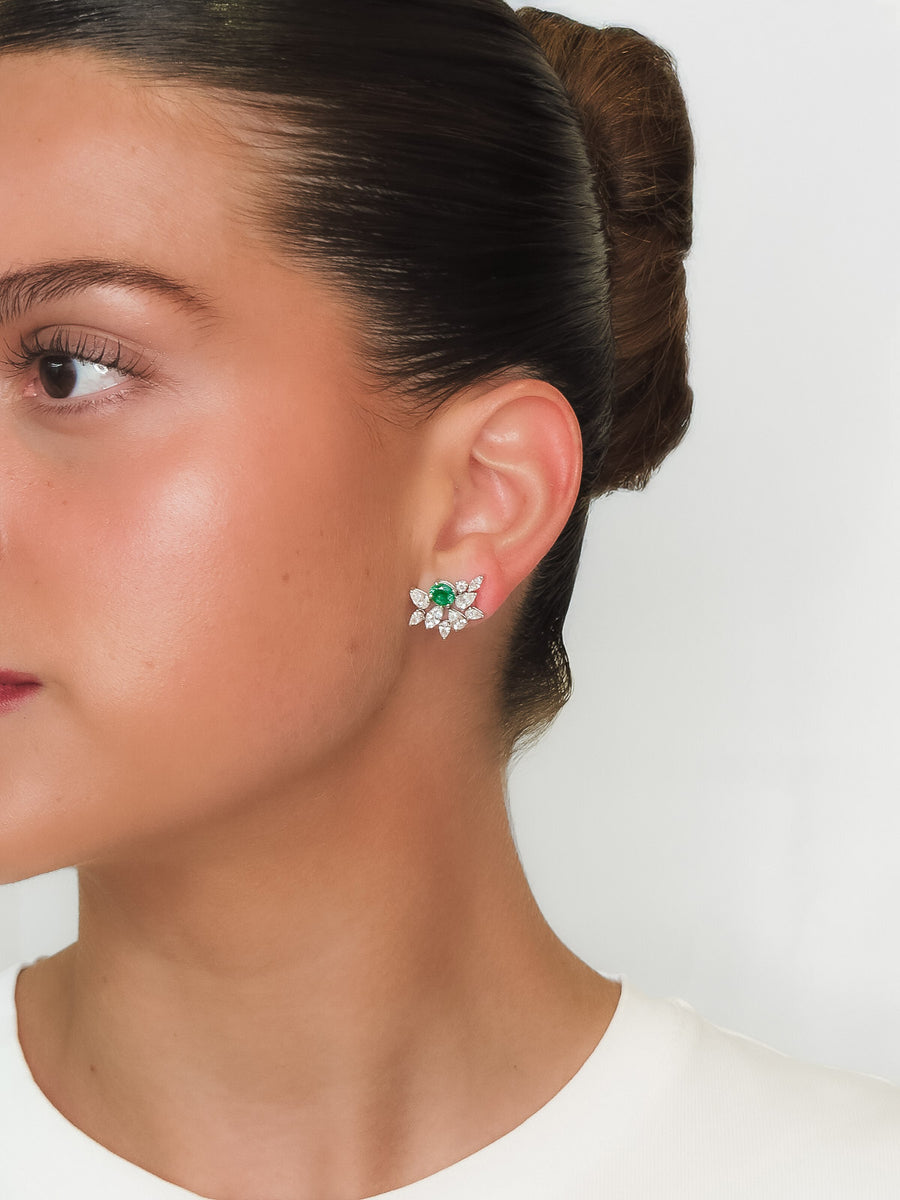 Nara - Big Flower Climber Emerald Earrings