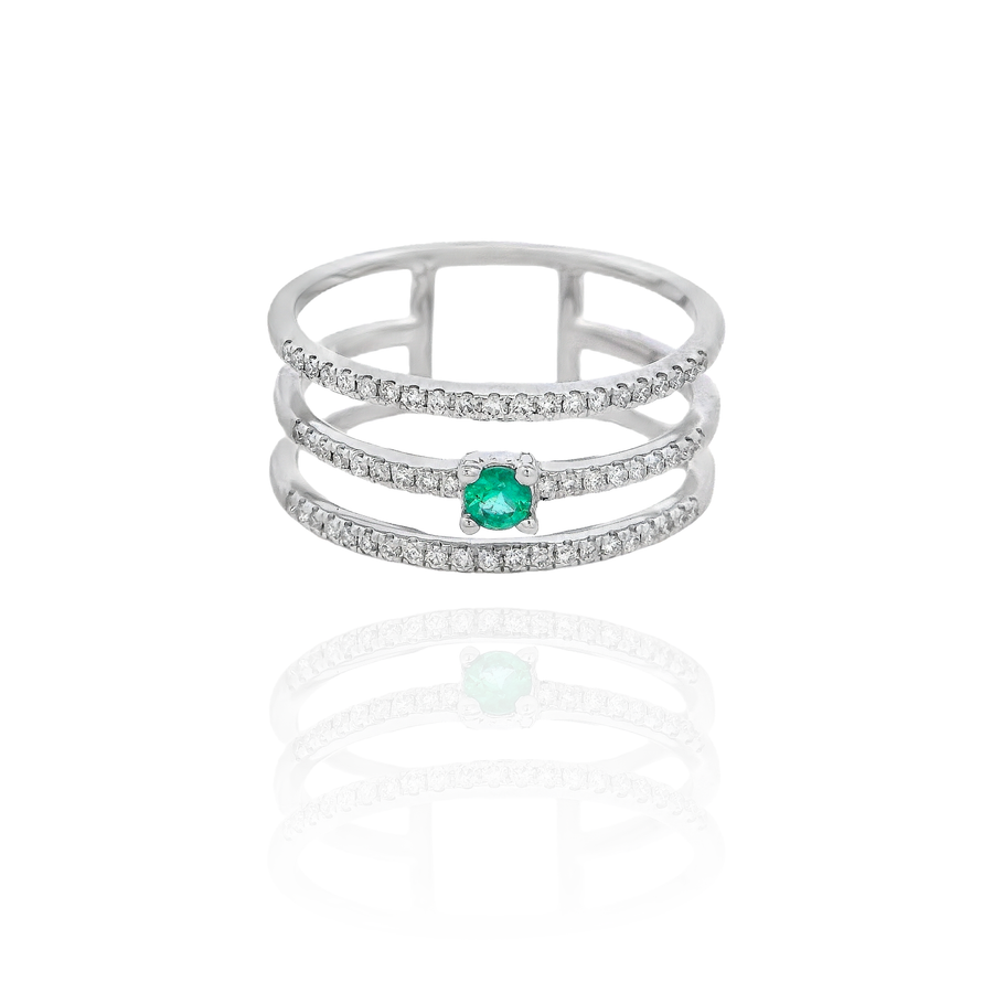 Petra - Triple Diamond Ring with Central Emerald