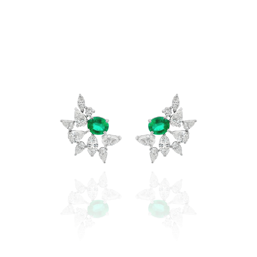 Nara - Big Flower Climber Emerald Earrings